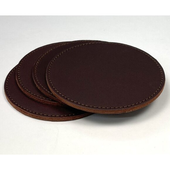 Set 4 SADDLEBACK LEATHER CO Dark Coffee Brown Leather 4" Round COASTERS NWOT NEW - Picture 1 of 5